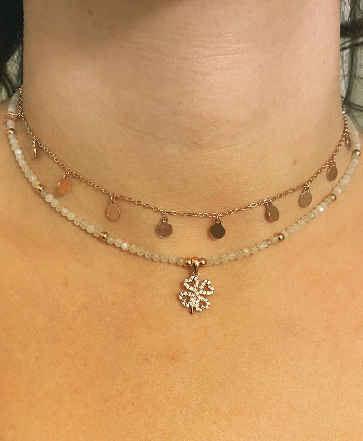 Collanina in pietra di luna con quadrifoglio - Filigrane & co