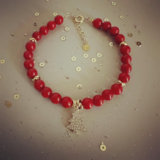 Bracciale sfere rosse ed elementi oro