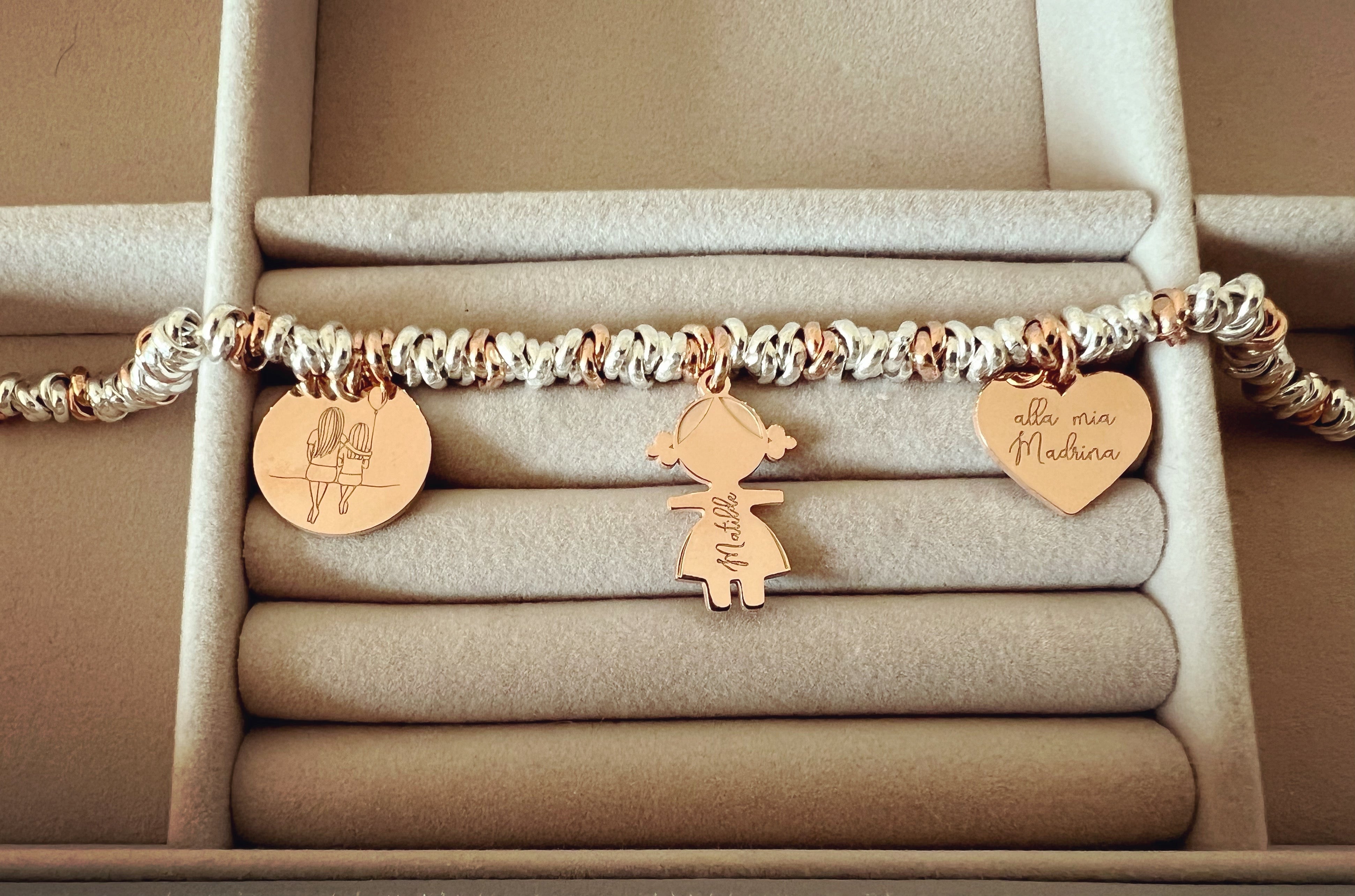 Bracciale Regolabile Per Madrina In Lega Metallica, Con Ciondoli Significativi, Argento, Confezionato In Sacchetto Regalo, Idea Regalo Per Festa Della Mamma E Natale